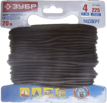 Шнур ЗУБР полиамидный, плетеный, повышенной нагрузки, с сердечником, черный, d 4, 20м 50311-04-020 купить в Тюмени