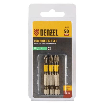 Набор бит комбинированный 3 шт., PZ1, PZ2, PZ3, 50 мм, сталь S2 Denzel 11677 купить в Тюмени