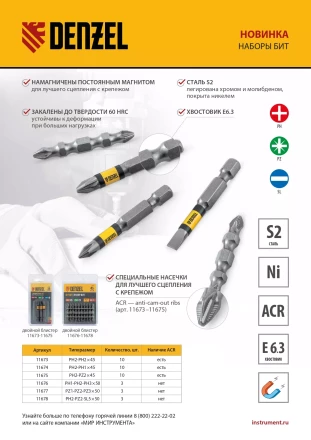 Набор бит комбинированный 3 шт., PZ1, PZ2, PZ3, 50 мм, сталь S2 Denzel 11677 купить в Тюмени
