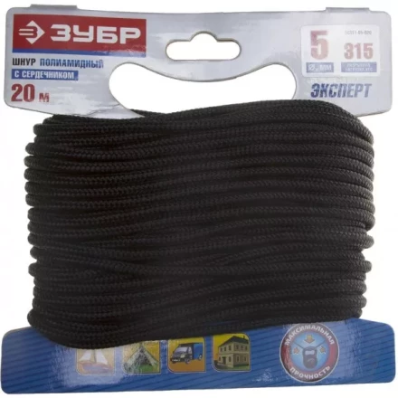 Шнур ЗУБР полиамидный, плетеный, повышенной нагрузки, с сердечником, черный, d 5, 20м 50311-05-020 купить в Тюмени