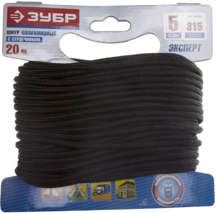 Шнур ЗУБР полиамидный, плетеный, повышенной нагрузки, с сердечником, черный, d 5, 20м 50311-05-020 купить в Тюмени