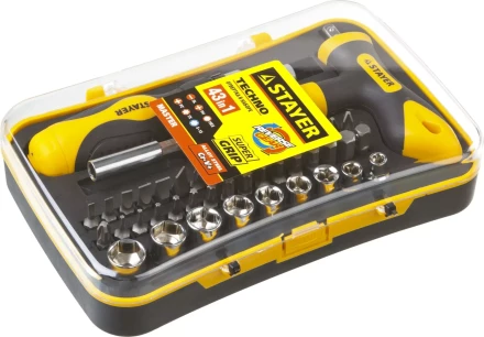 Набор STAYER &quot;MASTER&quot; &quot;HERCULES&quot;: Отвертка реверсивная, Т-образная отвертка-битодержатель, адаптер для торц голов, 43 предм 25084-H43 купить в Тюмени