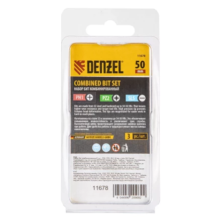 Набор бит комбинированный 3 шт., PH2, PZ2, SL5, 50 мм, сталь S2 Denzel 11678 купить в Тюмени