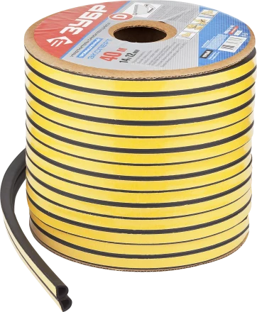 ЗУБР 40 м, D-профиль, размер 14 х 12 мм, черный, самоклеящийся промышленный резиновый уплотнитель, Профессионал (40950-14-40) купить в Тюмени