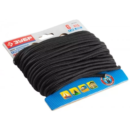 Шнур ЗУБР полиамидный, плетеный, повышенной нагрузки, с сердечником, черный, d 6, 20м 50311-06-020 купить в Тюмени