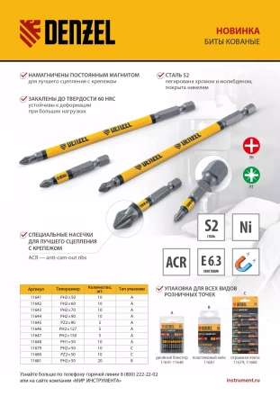 Бита PZ2х50, сталь легированная S2, 10 шт., круглый профиль, отрывная упаковка, Е 6,3 Denzel 11680 купить в Тюмени