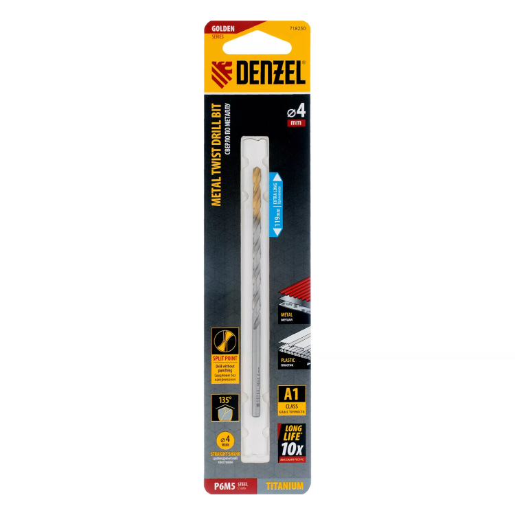 Сверло спиральное по металлу 4 х 119 мм, Р6М5, Golden Tip, удлиненное Denzel 718250 купить в Тюмени