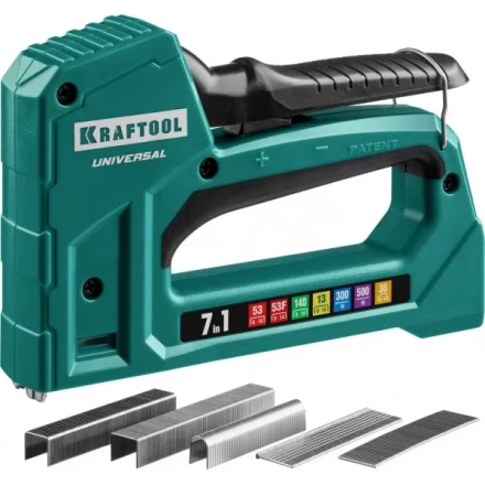 Степлер для скоб &quot;Universal&quot; 7-в-1: 53(6-14 мм)/53F(10-14 мм)/140 (10-14 мм)/13 (6-14 мм)/36 (10-14 мм)/300(16 мм)/500(16 мм), суперлегкий, KRAFTOOL 31524 купить в Тюмени