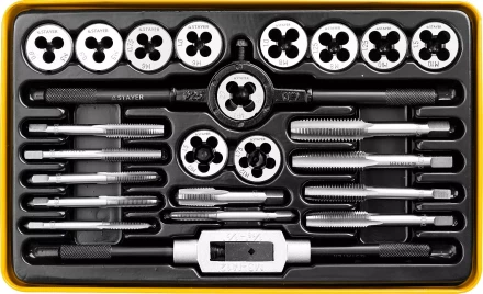 Набор метчиков и плашек STAYER &quot;MASTER&quot;, метчикодержатель 1шт, плашкодержатель 1шт, метчики 11шт, плашки 11шт, 24 предмета 28020-H24 купить в Тюмени