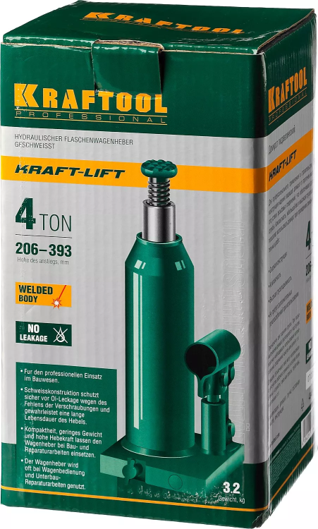 Домкрат гидравлический бутылочный "Kraft-Lift", сварной, 4т, 206-393мм, KRAFTOOL 43462-4 43462-4_z01 купить в Тюмени