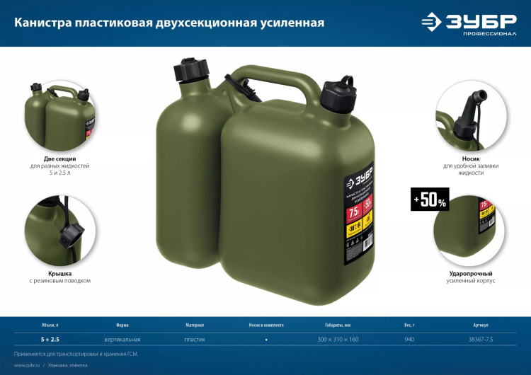 ЗУБР 5 + 2.5 л, пластиковая усиленная двухсекционная канистра, Профессионал (38367-7.5) купить в Тюмени