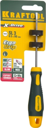 Отвертка KRAFTOOL, Cr-Mo-V сталь, двухкомпонентная противоскользящая рукоятка, SL, 3,0x80мм 250071-3.0-080 купить в Тюмени