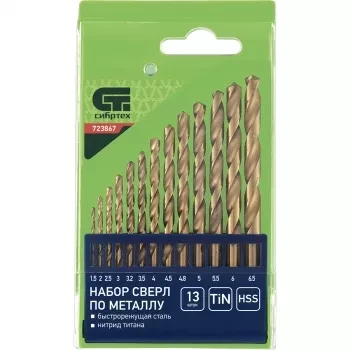 Набор нитридтитан. сверл по металлу 1,5-6,5мм через 0,5мм+3,2мм 4,8мм НSS,13 штук СИБРТЕХ 723867 купить в Тюмени