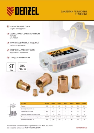 Заклепки резьбовые, стальные, оцинкованные, М10, пластиковый кейс, 35 шт. Denzel 40605 купить в Тюмени