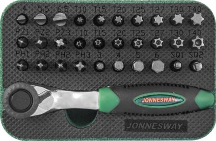 Набор вставок-бит трещеточная  рукоятка мини 1/4DR 32предмета Jonnesway RD01032S 49303 купить в Тюмени