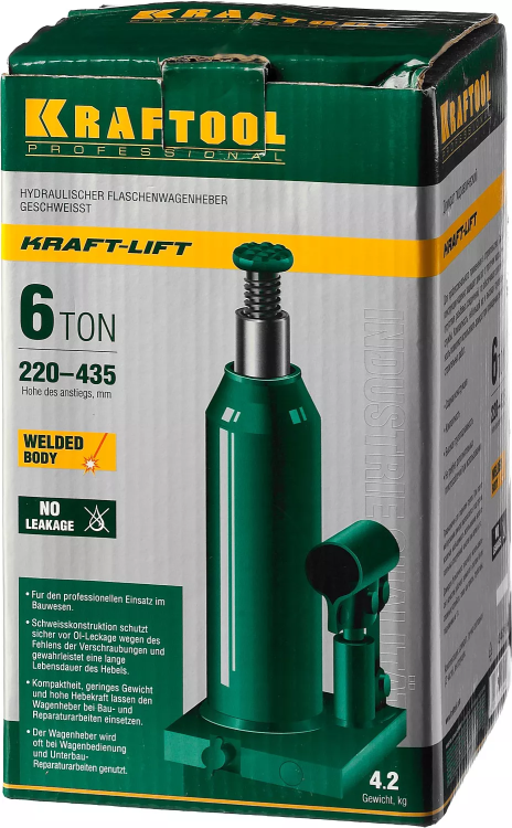 Домкрат гидравлический бутылочный "Kraft-Lift", сварной, 6т, 220-435мм, KRAFTOOL 43462-6 43462-6_z01 купить в Тюмени