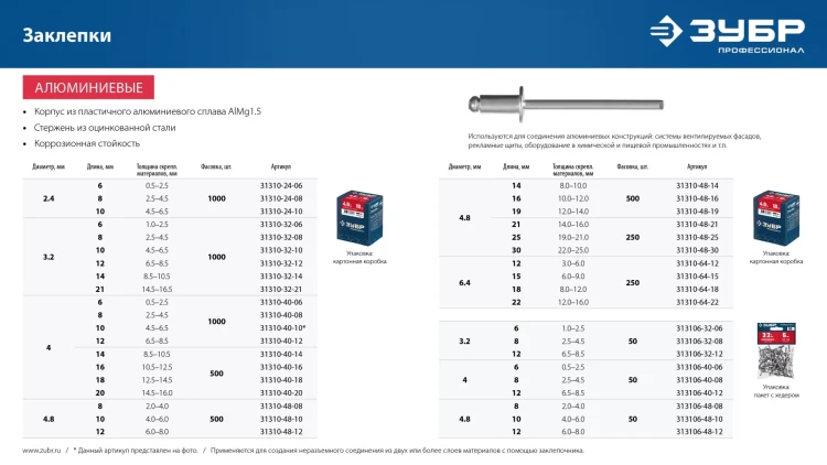 ЗУБР 4.0 x 8 мм, 50 шт, алюминиевые заклепки, Профессионал (313106-40-08) купить в Тюмени