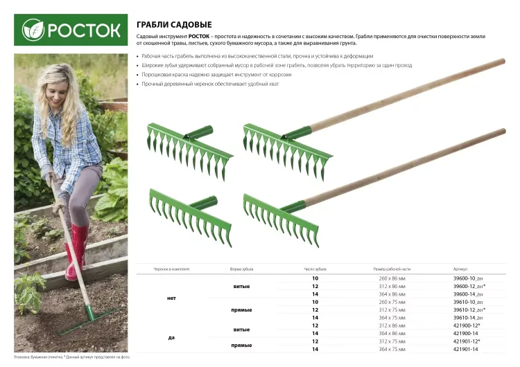 Грабли РОСТОК садовые с черенком, 14 прямых зубцов 421901-14 купить в Тюмени