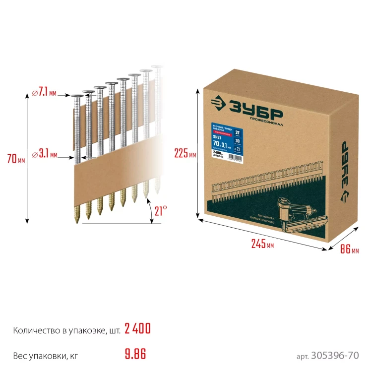 ЗУБР SN21 70 х 3.1 мм, реечные гвозди рифленые оцинкованные, 2400 шт (305396-70) купить в Тюмени
