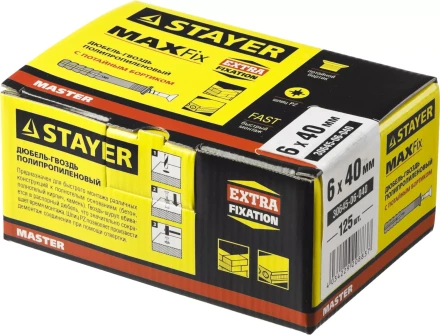 Дюбель-гвоздь полипропиленовый, потайный бортик, 6 x 40 мм, 125 шт, STAYER Master 30645-06-040 30645-06-040 купить в Тюмени
