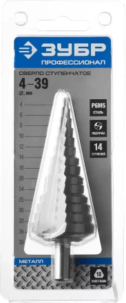 Сверло ЗУБР ступенчатое по сталям и цвет.мет.ст.Р6М5,d4- 39мм,14ступ.d4-39,L -113 мм, трехгран.хв. 10мм 29670-4-39-14 купить в Тюмени