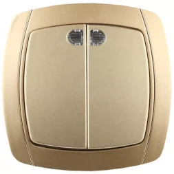 Выключатель СВЕТОЗАР "АКЦЕНТ" двухклавишный в сборе, с подсветкой, цвет золотой металлик, 10А/~250В SV-54235-GM