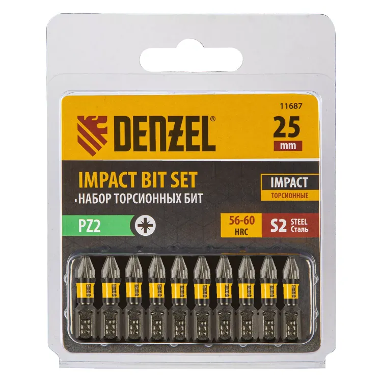Бита IMPACT, PZ2x25 мм, лазерная обработка шлица, сталь S2, 10 шт., Е 6,3 Denzel 11687 купить в Тюмени