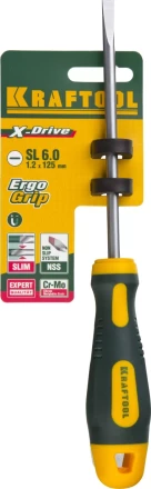 Отвертка KRAFTOOL, Cr-Mo-V сталь, двухкомпонентная противоскользящая рукоятка, SL, 6,0x125мм 250071-6.5-125 купить в Тюмени
