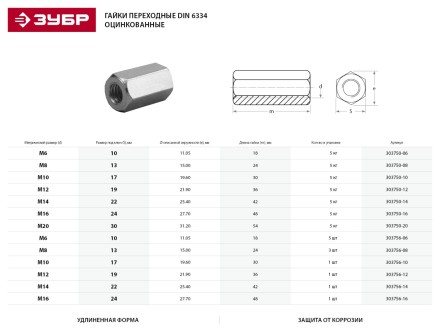 Гайка DIN 6334 переходная, M10, 1 шт, оцинкованная, ЗУБР 303756-10 купить в Тюмени