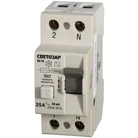 Выключатель дифференциальный &quot;УЗО&quot; СВЕТОЗАР, 2-полюсный, 25 A, &quot;AC&quot;, откл. диф.ток. 30 мА, 230 В SV-49152-30-25 купить в Тюмени