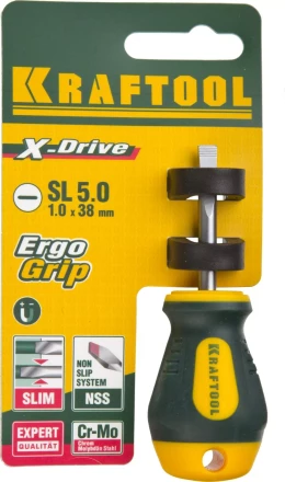 Отвертка KRAFTOOL, Cr-Mo-V сталь, двухкомпонентная противоскользящая рукоятка, SL, 5,5x38мм 250071-5.5-038 купить в Тюмени