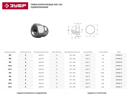 Гайка ЗУБР &quot;МАСТЕР&quot; колпачковая DIN 1587, оцинкованная,  M6, 5кг 303680-06 купить в Тюмени