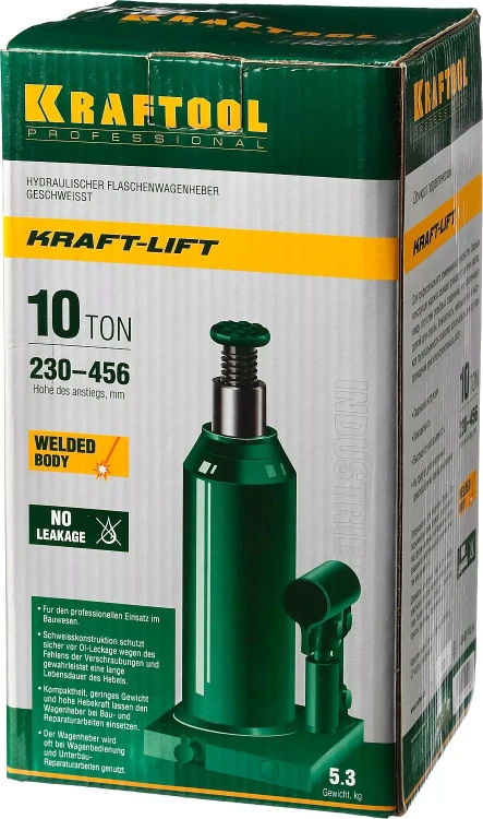 Домкрат гидравлический бутылочный "Kraft-Lift", сварной, 10т, 230-456мм, KRAFTOOL 43462-10 43462-10_z01 купить в Тюмени