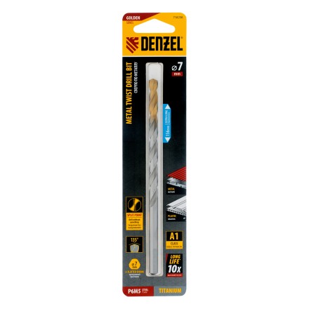 Сверло спиральное по металлу Denzel, 7,0 х 156 мм, Р6М5, Golden Tip, удлиненное, 718258 купить в Тюмени
