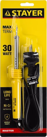 Паяльник MAXTerm с пластмассовой рукояткой, жало - конус, STAYER 55305-30, 30 Вт 55305-30 купить в Тюмени