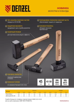 Кувалда, 2000 г Denzel, кованая головка, буковая рукоятка 11021 купить в Тюмени