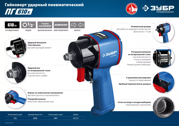 Ударный пневмогайковерт ПГ-610к 64270 серия ПРОФЕССИОНАЛ купить в Тюмени