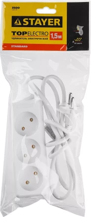 Удлинитель &quot;TOPELECTRO&quot; электрический, ПВС 2х1мм2, 3 гнезда, 3500 Вт, 1.5м, STAYER 55030-1.5 купить в Тюмени