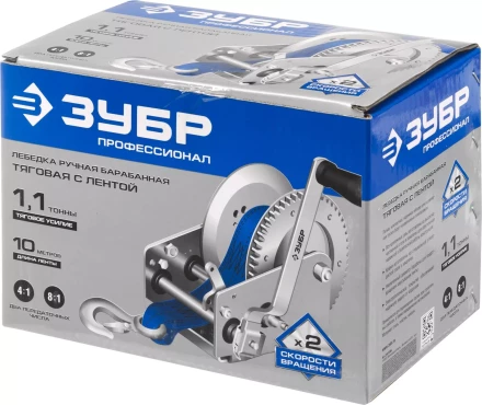 Лебедка ручная барабанная ЗУБР &quot;ПРОФЕССИОНАЛ&quot;, тяговая, ленточная, 1,1т, 10м 43115-1.1 купить в Тюмени