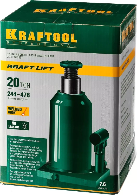 Домкрат гидравлический бутылочный "Kraft-Lift", сварной, 20т, 244-478мм, KRAFTOOL 43462-20 43462-20_z01 купить в Тюмени