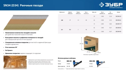 ЗУБР SN34 (D34) 83 х 3.1 мм, реечные гвозди рифленые оцинкованные, 3000 шт (305399-83) купить в Тюмени