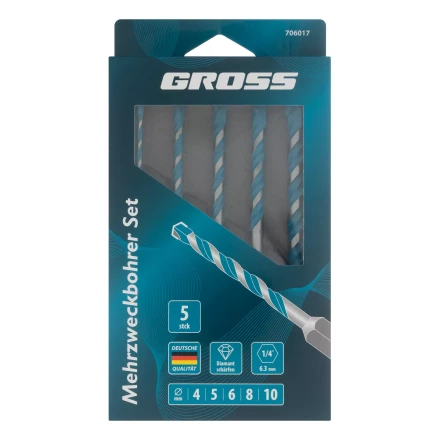 Набор сверл универсальных Gross 706017, Multipurpose PRO, 6-гр. хвостовик, 4-10мм, 5шт купить в Тюмени