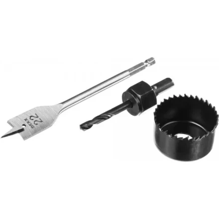 Набор для врезки замков DEXX: Коронка-чашка d=54мм, сверло перовое d=22мм, центрирующее сверло d=6мм 2949-54-H3 купить в Тюмени