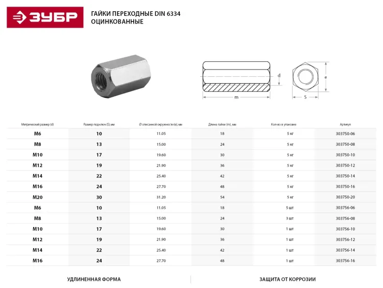 Гайка ЗУБР "МАСТЕР" переходная, DIN 6334, оцинкованная, M16, 5кг 303750-16 купить в Тюмени
