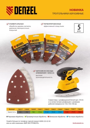 Треугольник абразивный на ворc. подложке под &quot;липучку&quot;, перф., P 60, 150х150х100 мм, 5 шт. Denzel 738587 купить в Тюмени