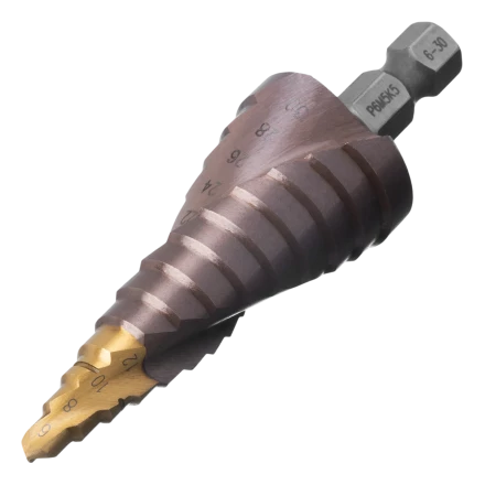 Сверло ступенчатое Denzel 723614, 6-8-10-12-14-16-18-20-22-24-26-28-30мм, Р6М5К5, 6-гр. хвостовик купить в Тюмени