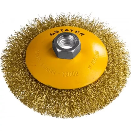 STAYER "PROFESSIONAL". Щетка коническая для УШМ, витая стальная латунированная проволока 0,3мм, 115ммхМ14 35133-115 купить в Тюмени