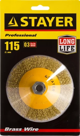STAYER "PROFESSIONAL". Щетка коническая для УШМ, витая стальная латунированная проволока 0,3мм, 115ммхМ14 35133-115 купить в Тюмени