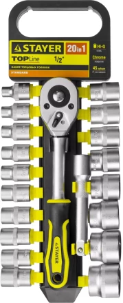 Набор STAYER &quot;STANDARD&quot;: Торцовые головки (1/2&quot;) на пластиковом рельсе, трещотка, удлинитель, 8-32мм, 20 предметов 27750-H20 купить в Тюмени