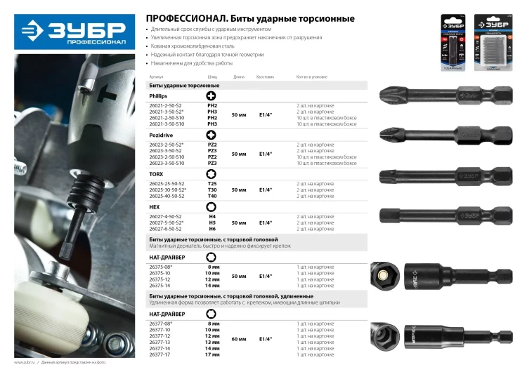 Биты ЗУБР "ПРОФИ" Phillips, тип хвостовика E 1/4", PH2, 50мм, 2шт, на карточке 26021-2-50-S2 купить в Тюмени